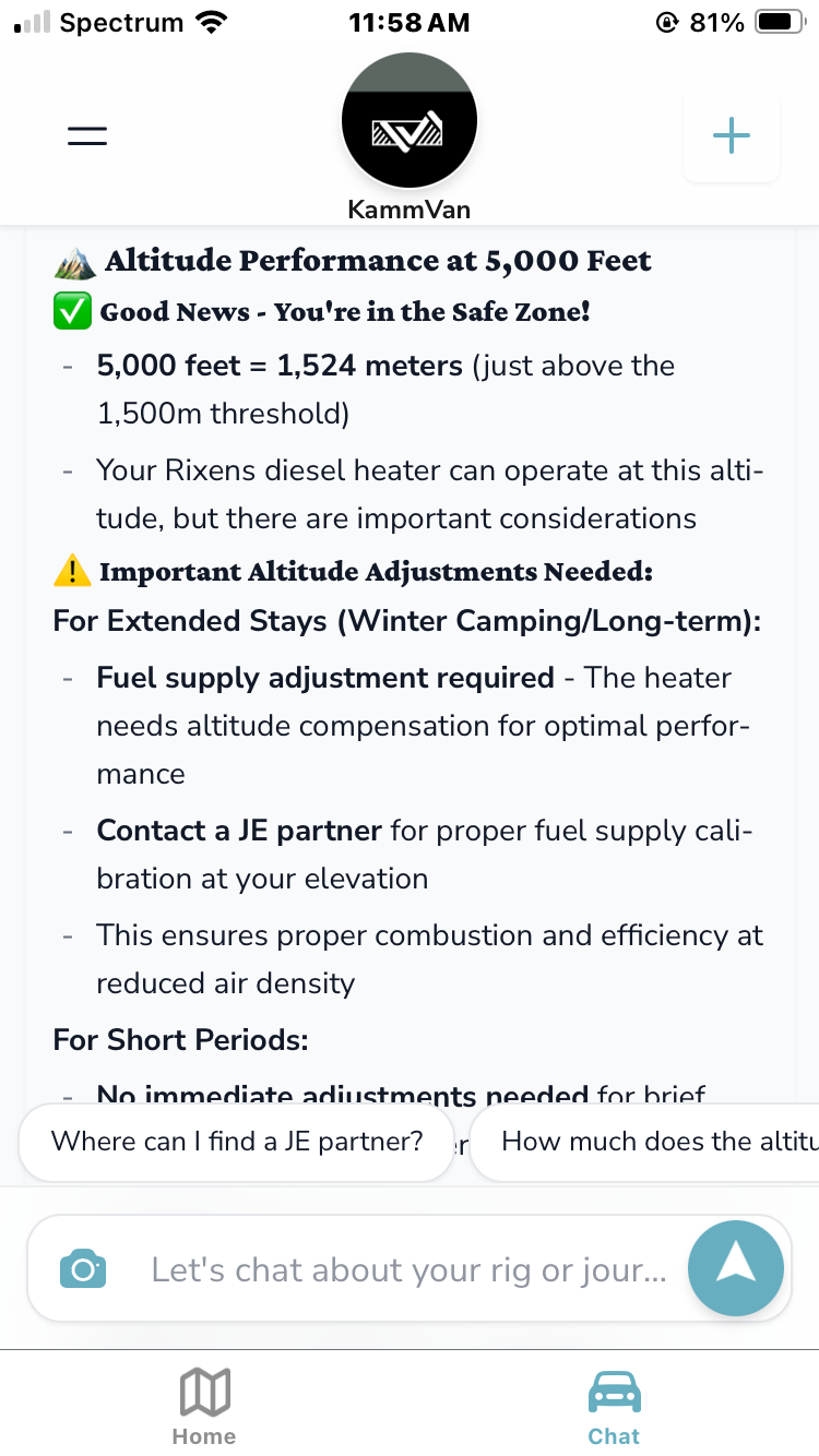 Grover app showing altitude performance adjustments needed for heaters at 5,000 feet elevation